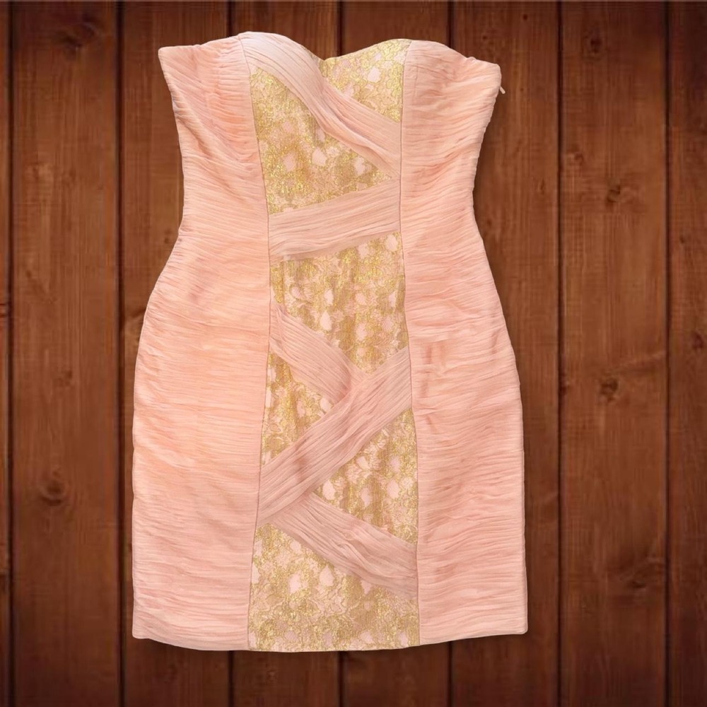 LARA Design Blush Pink Gold Lace Ruched Strapless Cocktail Dress Women's 10 NWT